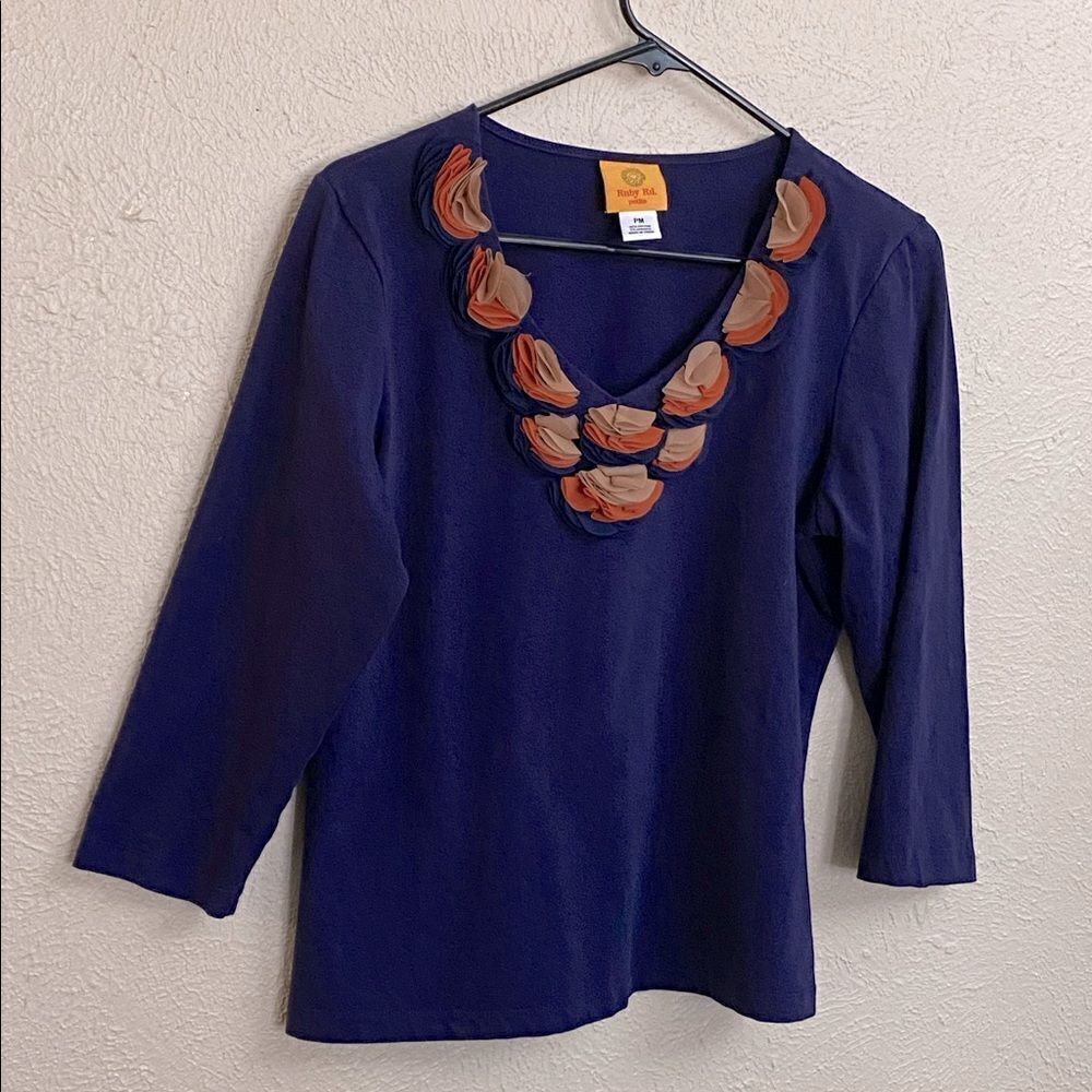 Ruby Rd Navy Embellished Top 3/4 Sleeve Petite Me… - image 1